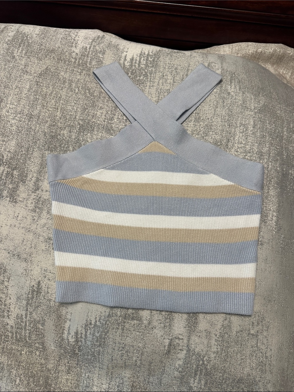 House of Harlow 1960 Striped Knit Crop Top in Light Blue, Cream & Tan